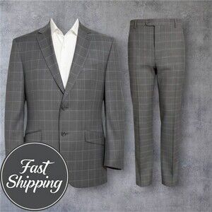 Men's Gray Windowpane Suit Jacket & Pants - Classic Two-Piece Blazer Set